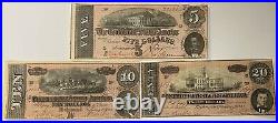 1864 Confederate States of America Currency Richmond Civil War $5 $10 $20 Notes