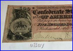 1864 Red $500 Confederate Currency Civil War Note