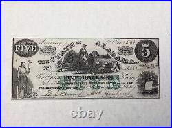 1864 State of Alabama $5 Dollars Civil War Confederate Banknote Uncirculated cd