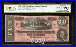1864 T-68 $10 Civil War Confederate States of America PCGS AU55 PPQ X4