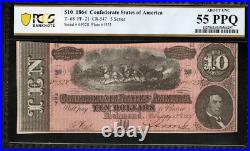 1864 T-68 $10 Civil War Confederate States of America PCGS AU55 PPQ X6