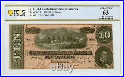 1864 T-68 $10 The Confederate States of America Note CIVIL WAR Era PCGS UNC 63