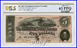 1864 T-69 $5 The Confederate States of America Note CIVIL WAR Era PCGS 63 PPQ
