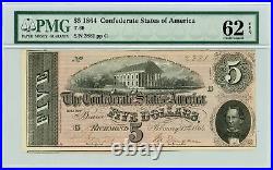 1864 T-69 $5 The Confederate States of America Note CIVIL WAR Era PMG 62 EPQ