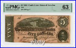 1864 T-69 PF-12 $5 Confederate States of America Note CIVIL WAR Era PMG CU 63