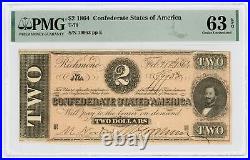 1864 T-70 $2 The Confederate States of America Note CIVIL WAR Era PMG 63 EPQ