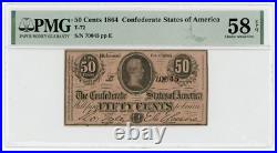 1864 T-72 50c Confederate States of America Note CIVIL WAR Era PMG AU 58 EPQ