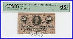 1864 T-72 50c Confederate States of America Note CIVIL WAR Era PMG CU 63 EPQ