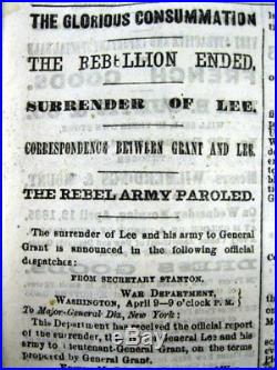 1865 CIVIL WAR newspaper CONFEDERATE GENERAL ROBERT E LEE SURRENDERS Appomattox