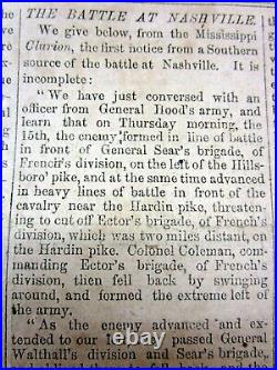 1865 Confederate Civil War newspaper w BATTLE of NASHVILLE-FRANKLIN Tennessee
