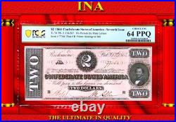 $2 1864 Confederate T-70 PF-5 CR-567 US Obsolete Currency Civil-War PCGS 64 PPQ