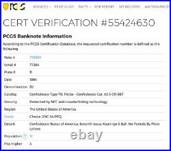 $2 1864 Confederate T-70 PF-5 CR-567 US Obsolete Currency Civil-War PCGS 64 PPQ