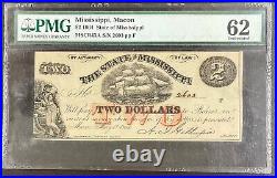 $2 1864 State of Mississippi PMG 62 UNC MSCR43A confederate Civil War note