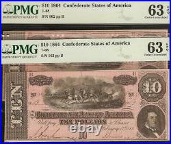 2 Cons 1864 $10 Confederate States Notes CIVIL War Currency Money T69 Pmg 63 Epq
