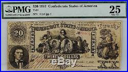 2 x Sequential 1861 $20 T-20 Confederate Currency PMG 25 Civil War Consecutive