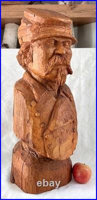28 Civil War Confederate Soldier Sculpture Hand Carved Wood Bust Vtg Folk Art