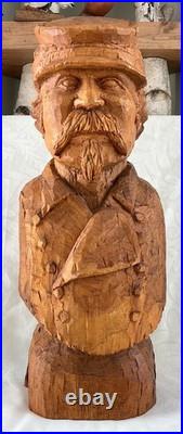 28 Civil War Confederate Soldier Sculpture Hand Carved Wood Bust Vtg Folk Art