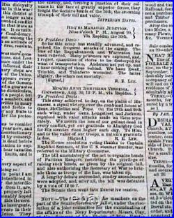 2nd Second Battle of Bull Run #2 Manassas 1862 Civil War Confederate Newspaper