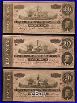 3 Cons Unc 1864 $20 Dollar Confederate States Note CIVIL War Currency Money T-67
