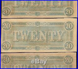 3 Cons Unc 1864 $20 Dollar Confederate States Note CIVIL War Currency Money T-67