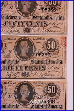 3 Consecutive Numbered Confederate States Of America 50 Cent Notes CIVIL War