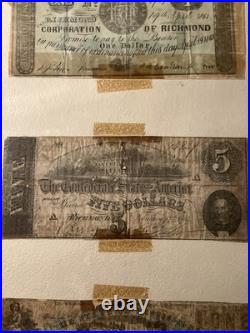 (4) Early Framed Confederate Sourhern Currency Paper Money Civil War Museum
