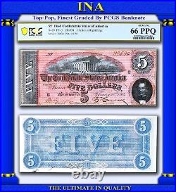 $5 1864 Confederate T-69 PF-3 CR-558 US Civil War PCGS 66 PPQ Deeper Red Finest