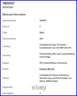 50-Cents 1864 Confederate T-72 PF-1WP CR-578 Civil-War PCGS 63 Rare White Paper 50-Cents 1864 Confederate T-72 PF-1WP CR-578 Civil-War PCGS 63 Rare White Paper
