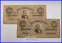 $50 Confederate States Currency Type 66 CIVIL WAR ISSUE x2 Lot Pinholes