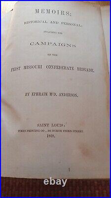 ATQ Civil War Collector Confederate Soldier Memoir Book Artefact 1868 Missouri