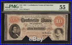 Au 1861 $10 Bill Confederate States Currency CIVIL War Note Money T-24 Pmg 55