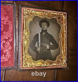 Ambrotype Photo Armed Confederate Civil War Soldier Bowie Knife Tinted Gun 1860s