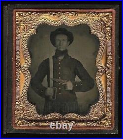 Ambrotype Photo Armed Confederate Civil War Soldier Bowie Knife Tinted Gun 1860s