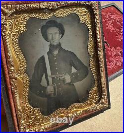 Ambrotype Photo Armed Confederate Civil War Soldier Bowie Knife Tinted Gun 1860s