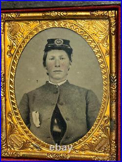 Antique Civil War Confederate Cadet Kepi Tintype Leather Case PH Wood Buttons
