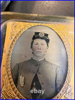 Antique Civil War Confederate Cadet Kepi Tintype Leather Case PH Wood Buttons