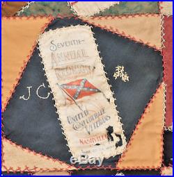 Antique Patchwork Crazy Quilt Confederate Vet Nashville UCV Ribbon pos Civil War