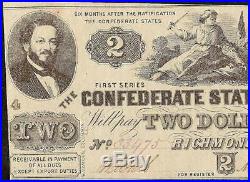 Au 1862 $2 Two Dollar Confederate States Currency CIVIL War Note Money T-42