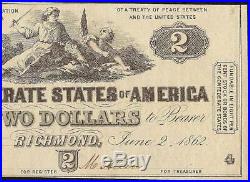 Au 1862 $2 Two Dollar Confederate States Currency CIVIL War Note Money T-42