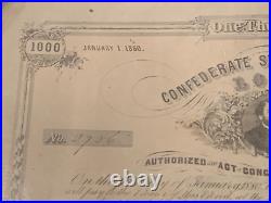 Authentic 1863 Confederate Civil War $1000 Bond, Coupons P DUNCAN PRINTERS S. C