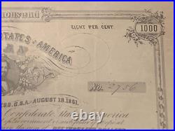 Authentic 1863 Confederate Civil War $1000 Bond, Coupons P DUNCAN PRINTERS S. C