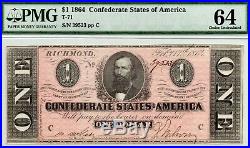 Authentic 1864 CIVIL War $1 Dollar T-71 Csa Confederate Pmg Choice Unc 64