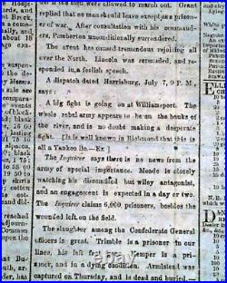 BATTLE OF GETTYSBURG Pennsylvania CONFEDERATE Account 1863 Civil War Newspaper