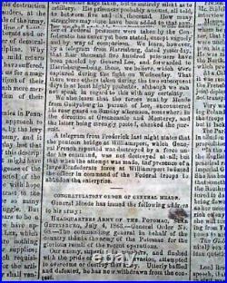 BATTLE OF GETTYSBURG Pennsylvania CONFEDERATE Account 1863 Civil War Newspaper