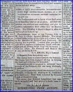 BATTLE OF GETTYSBURG Pennsylvania CONFEDERATE Account 1863 Civil War Newspaper