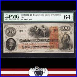 BRIGHT T-41 1862 $100 CONFEDERATE Civil War Currency CSA PMG 64 EPQ 100932