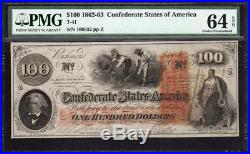 BRIGHT T-41 1862 $100 CONFEDERATE Civil War Currency CSA PMG 64 EPQ 100932