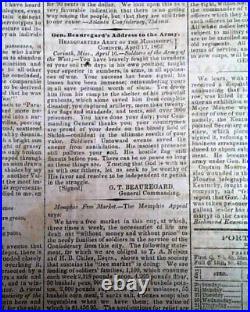 Battle of Shiloh with P. G. T. Beauregard's Applause 1862 Confederate Newspaper