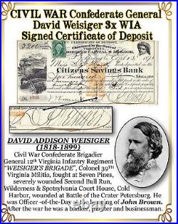 CIVIL WAR Confederate General Weisiger, 3x WIA, Signed Certificate of Deposit