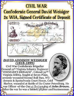 CIVIL WAR Confederate General Weisiger, 3x WIA, Signed Draft 1874
